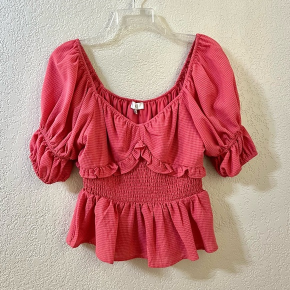 NSR Pink Puff Short Sleeves Ruffled Casual Blouse Peasant Tops Medium - Picture 1 of 7